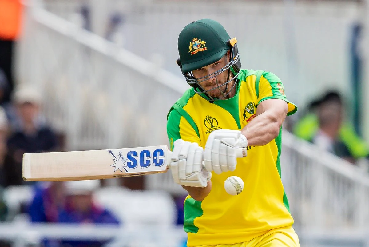 Nathan Coulter-Nile playing a shot, using an SCC Tyrant Players cricket bat, during an ICC Cricket World Cup match in 2019 against the West Indies at Trent Bridge, England.